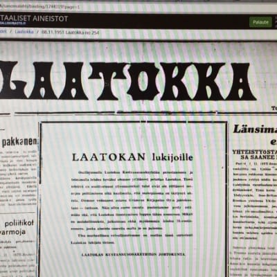 Laatokka-lehden sivu tietokonenäytöllä.