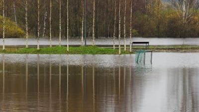 Översvämmad idrottsplan i Kyrkträsk i Esbo