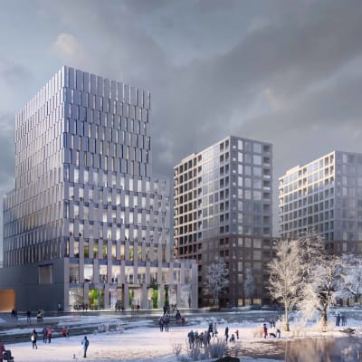 Helsingin Jätkäsaaren etelärannalle rakennetaan uusi 13-kerroksinen tornitalo. Havainnekuva rakennuksesta.