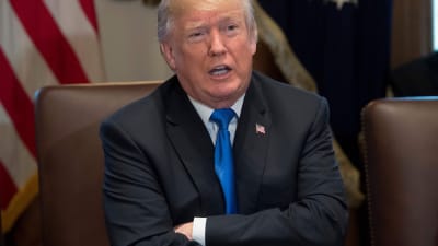 En bestämd Donald Trump med armarna i kors vid regeringssammanträdet