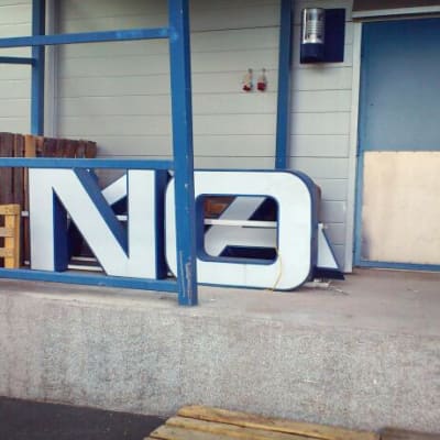 A dismantled Nokia sign at Oulu's Technology Village.