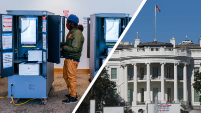 Bildcollage. Till vänster syns en person som röstar i det amerikanska presidentvalet år 2020. Till höger syns Vita huset.
