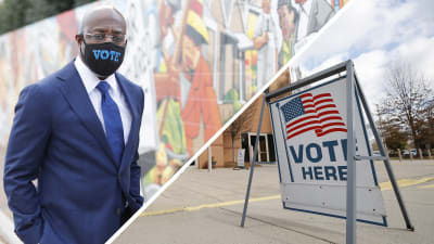 Collage av två bilder. Till vänster syns en man i kostym och munskydd som poserar framför en målad vägg. Till höger syns en skylt som står på marken med texten "Vote here" samt en bild av USA:s flagga.