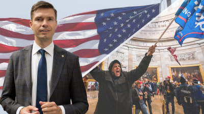 Montage av tre bilder. I bakgrunden syns USA:s flagga och en man som håller i en Trumpflagga inne i kongressen. Vid sidan i en bild står en man i kostym och tittar in i kameran.
