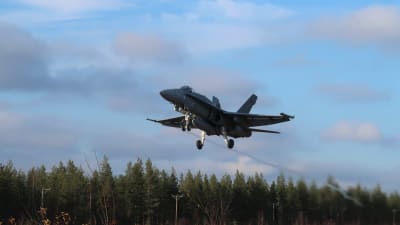 Ett av Flygvapnets Hornet-plan lyfter från en landsvägsbas i Rovaniemi under operationsövningen Ruska 20, oktober 2020.