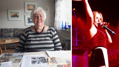 kollage av två bilder. På den ena en leende äldre kvinna som sitter vid ett bord täckt av tidningsurklipp. På den andra en rädhårig kvinna som sjunger i en mikrofon.
