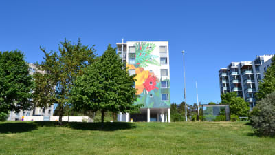 En målad husvägg i Esbo.