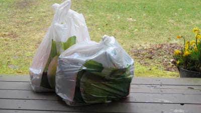 Två plastkassar med matvaror ställda ute på en trappa.