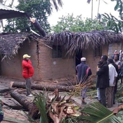 Ihmiset tutkivat sykloni Kennethin tekemiä tuhoja Pohjois-Mosambikissa. Kansainvälisen Punaisen ristin ottama kuva.