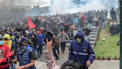 Tårgas och demonstranter utanför parlamentsbyggnaden i Ecuadors huvudstad Quito den 8 oktober 2019.
