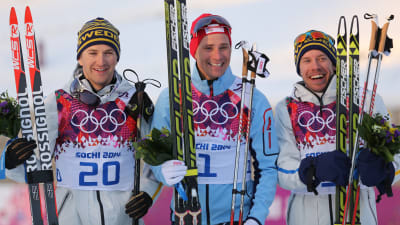 Teodor Peterson, Ola Vigen Hattestad, Emil Jönsson, medaljtrio OS-sprinten 2014