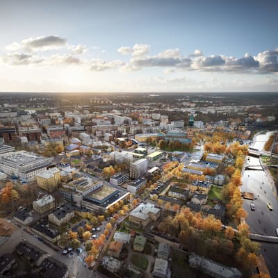 Flygbildsvision över hur historiska kvarteret i Åbo ska se ut i framtiden.