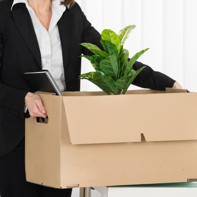 En kvinna i kostym bär en låda med en krukväxt.