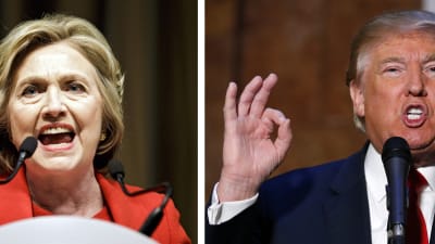 Demokraternas Hillary Clinton klädd i rött och Republikanernas Donald Trump klädd i mötkblått.