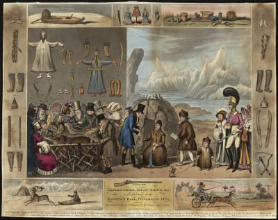 En illustration av I R Cruikshank som föreställer den samiska utställningen på Egyptian Hall i Piccadilly i London år 1822.