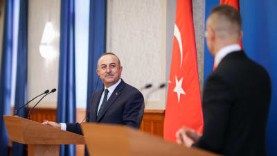 Mevlüt Çavuşoğlu står vid ett talarpodium och tittar på Péter Szijjártó som står vid ett annat talarpodium.