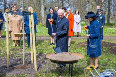 Carl XVI Gustaf och Silvia står med spadar.
