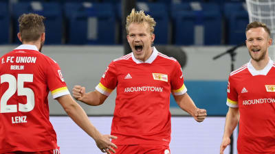 Joel Pohjanpalo firar Union Berlins 2–1-ledningsmål i matchen mot Hoffenheim.