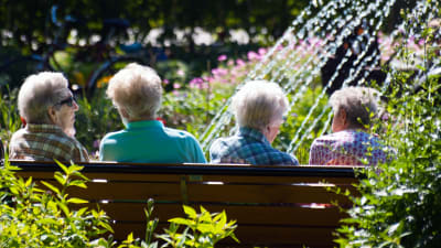 Äldre människor sitter på en bänk