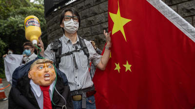 Pekingtrogen demonstrant i Hongkong kritiserar USA:s inblandning och det amerikanska stödet till demokratiaktivisterna.