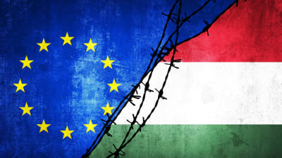 EU:s och Ungerns flagga med en taggtråd som symboliserar problemen i relationen