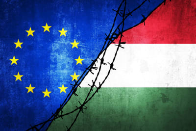 EU:s och Ungerns flagga med en taggtråd som symboliserar problemen i relationen