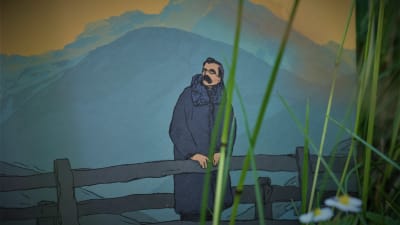 Seriealbum där Nietzsche står på en bro, alptoppar i bakgrunden, Boken fotad i gräs med smultronblomma i förgrunden