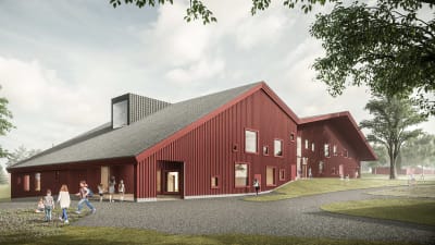 En röd byggnad i trä som visar hur Kyrkfjärdens skola i Ingå planeras att se ut.
