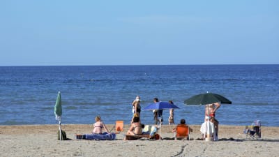 Bild tagen på en strand. I bilden syns ryggarna på några personer som sitter på stranden. 