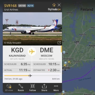 Ural Airlinesin Airbus A321neo lensi Suomen alueen yli