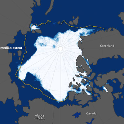 Pohjoisen napajäätikön laajuus merkittynä karttaan.