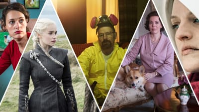 Bilder på huvudpersonerna i tv-serierna Fleabag, Game of Thrones, Breaking Bad, The Crown och Handmaids Tale.