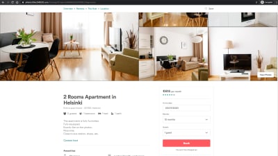En skärmdump som ser ut som en bokningssida från Airbnb med bilder från lägenheten samt en ruta att boka lägenheten.