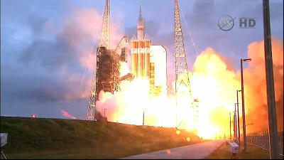 Här skjuts rymdraketen Orion upp.