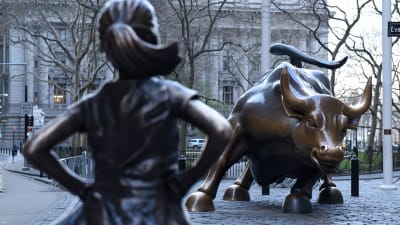 Statyn Den orädda flickan (Fearless Girl) och tjuren på Wall Street i new York.