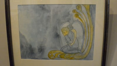 Akvarell av en ängel och en gråtande person.