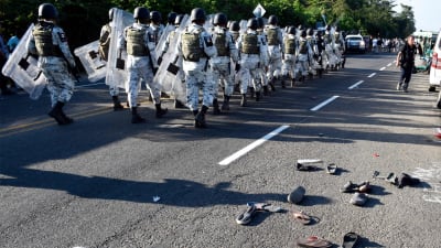 Migranter och Mexicos nationalgarde konfronterades i Ciudad Hidalgo, Chiapas, Mexiko 23.1.2020   