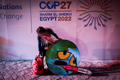 Klimataktivist med en pappfigur som förestället ett ledsam jordklot med en febertermometer i munnen. 