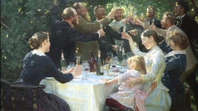 Bild på den danske konstnären Peder Severin Krøyers tavla "Hip, hip, hurra! Kunstnerfest på Skagen".