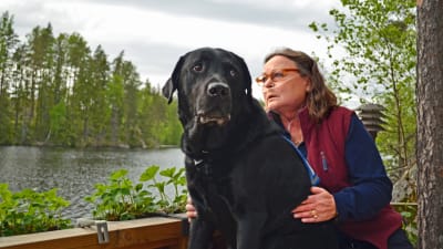 Arja Alho och assistenthunden Kalle blickar ut över sjon.