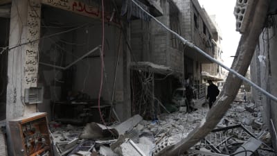 Ruiner i östra Ghouta efter bombningar.