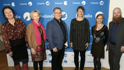 Ann-Luise Bertell, Anne Vuori-Kemilä, Tommi Kinnunen, Ritva Hellsten, Anni Kytömäki och Heikki Kännö på Finlandiaprisnomineringstillfället 5.11.2020.