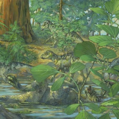 Piirros matalassa vedessä selällään makaavasta dinosauruksen poikasesta, sitä katselevasta aikuisesta ja kolmesta taustalla kävelevästä sisaruksesta. 