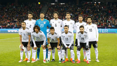 Egyptens landslag i fotboll uppställda för fotografering.