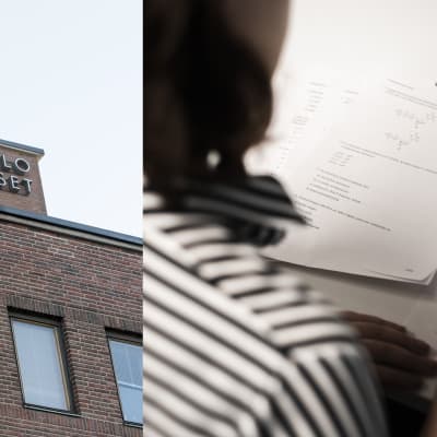 Ett kollage på två bilder, till vänster en bild på Helsingfors tingsrätts fasar. Till höger en bild på en kvinna som skriver ett prov.