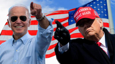 Bildmontage av tre bilder. I bakgrunden syns USA:s flagga. Till vänster Joe Biden och till höger Donald Trump.