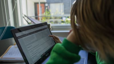 Skolelev i grön huvtröja sitter vid en dator.