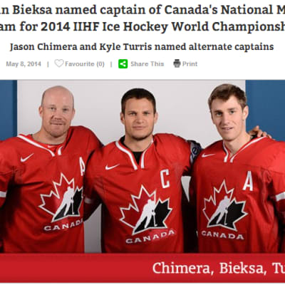 Jason Chimera, Kevin Bieksa ja Kyle Turris on nimetty Kanadan kapteenistoon MM-Minskissä. 