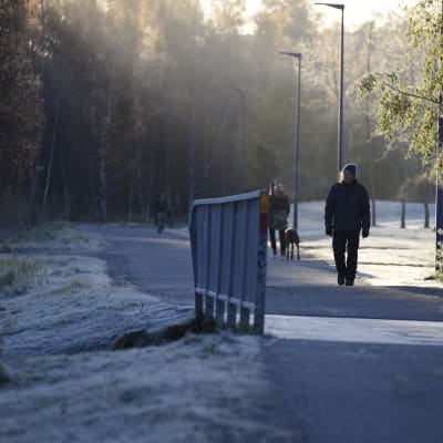 Pappersbron i Vasa, frost i gräset, folk promenerar och cyklar i förmiddagssolen