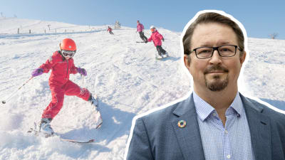 Bildmontage. I bakgrunden syns barn som skidar slalom. I förgrunden syns Mika Salminen inklippt.